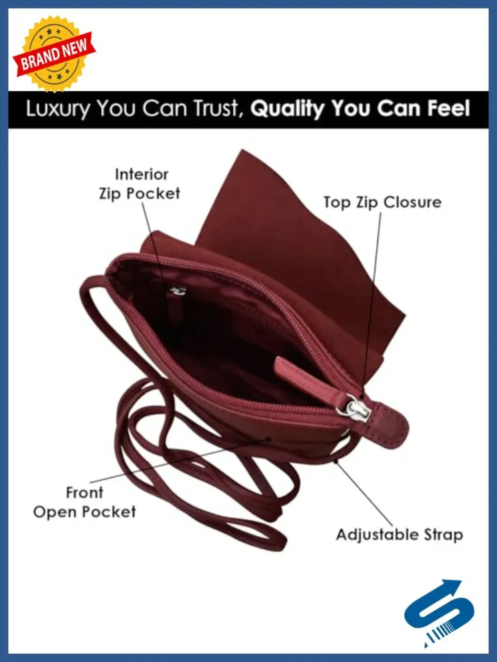 Genuine Leather Crossbody Bag with RFID Blocking, Adjustable Strap